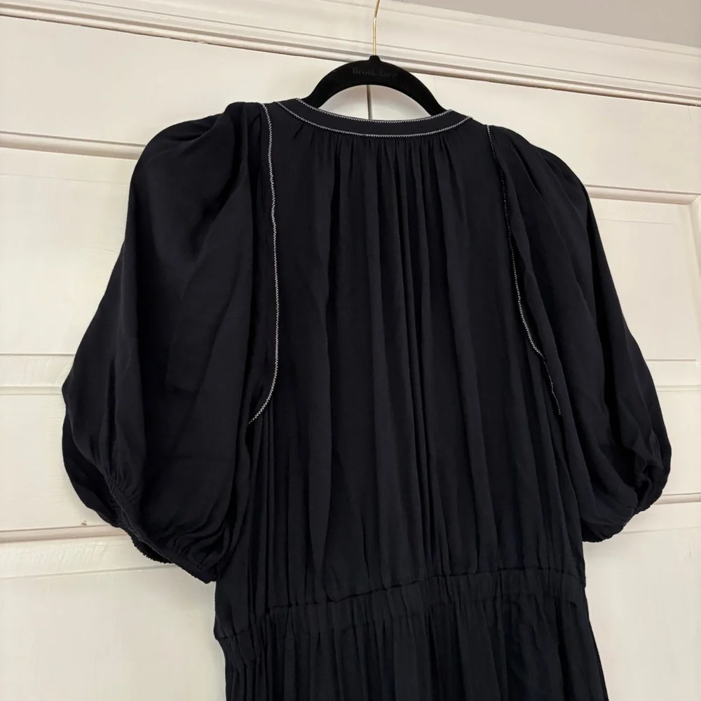 Ulla Johnson Leah Dress Noir Black Midi Puff Sleeve Contrast‎ Trim Size 10 Tie - Picture 5 of 16